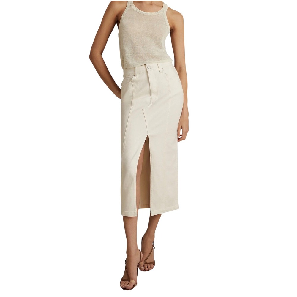 Reiss Denim Skirt Danica Ivory Midi High Rise Front Split Size US 8 NEW